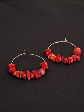 Red Coral Chip Hoop Earrings Handmade Boho Natural Stone
